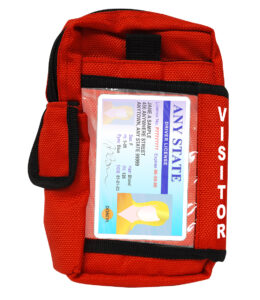Small red emergency kit with a clear pocket showing an ID card inside, and a black strap across the front.