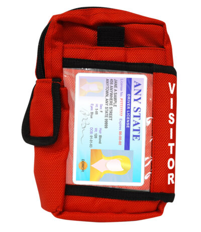 Small red emergency kit with a clear pocket showing an ID card inside, and a black strap across the front.