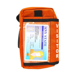 Orange badge holder with a transparent pocket showing a sample visitor ID card and the word VISITOR printed along the side.