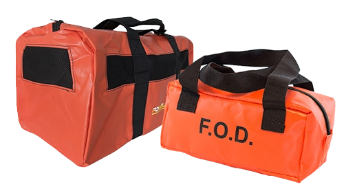 Custom FOD bags in orange and red, featuring handles and mesh pockets, showcasing various designs for tool organization.