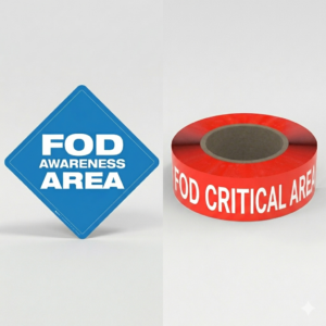 FOD awareness area sign and FOD critical area tape, representing foreign object debris prevention products for aerospace and military safety.