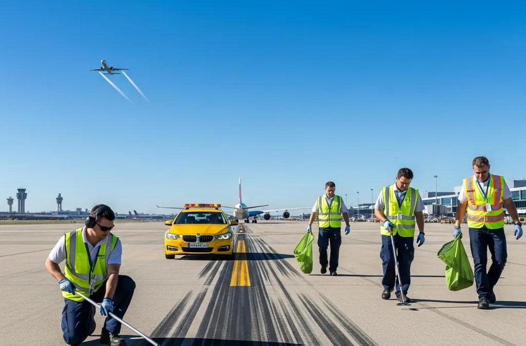 Ground crew inspecting airport runway for Foreign Object Debris (FOD) with safety equipment and vehicles, ensuring aviation safety.