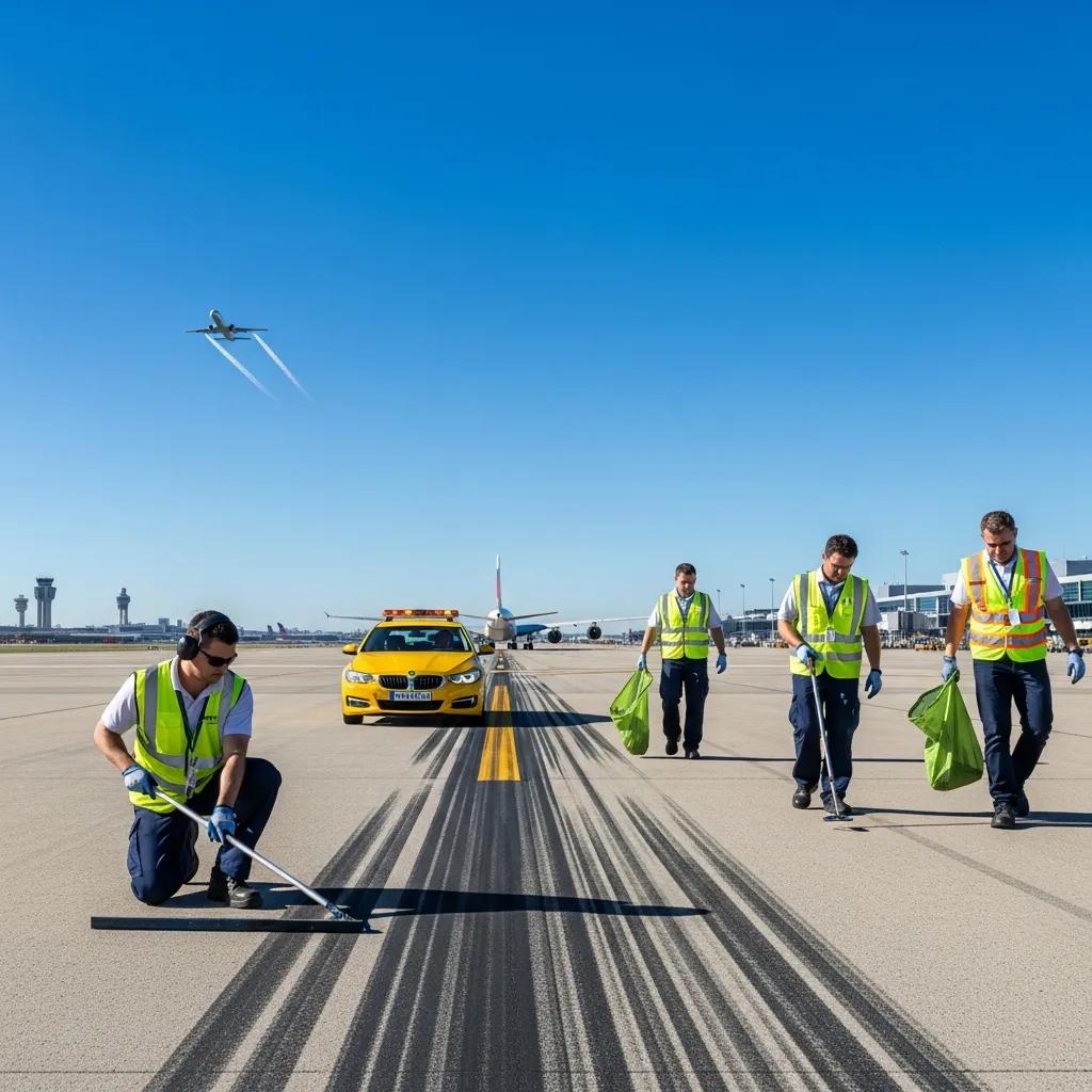 airport runway inspection for foreign object debris with ground crew and safety equipment