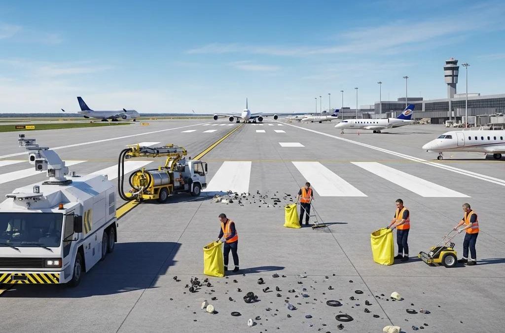 Airport runway scene featuring FOD management tools, workers collecting debris with yellow FOD collection cans, and specialized cleaning vehicles, emphasizing the importance of Foreign Object Debris prevention for aviation safety.