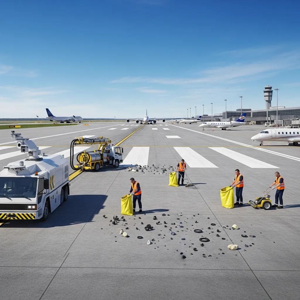 Airport runway scene with workers in safety vests collecting foreign object debris (FOD) using management tools, emphasizing FOD prevention for aviation safety.