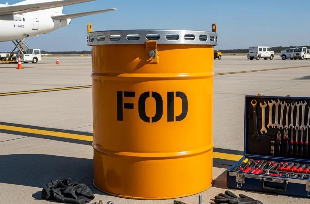Yellow FOD collection can on an airport tarmac with tools and aircraft in background, emphasizing importance of foreign object debris management for aircraft safety.