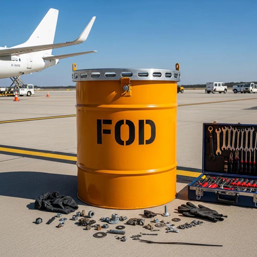 fod collection can in an aviation maintenance area highlighting its importance for aircraft safety
