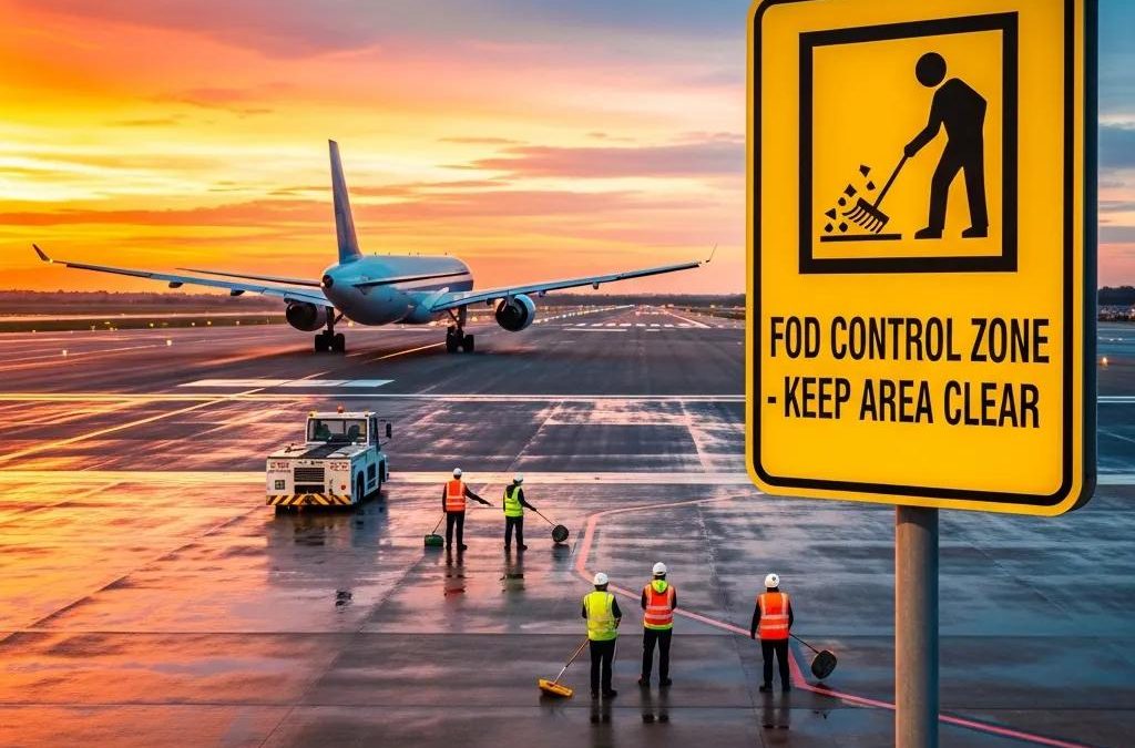 FOD control zone sign emphasizing safety measures, workers clearing debris on airport runway, aircraft taxiing in background during sunset.