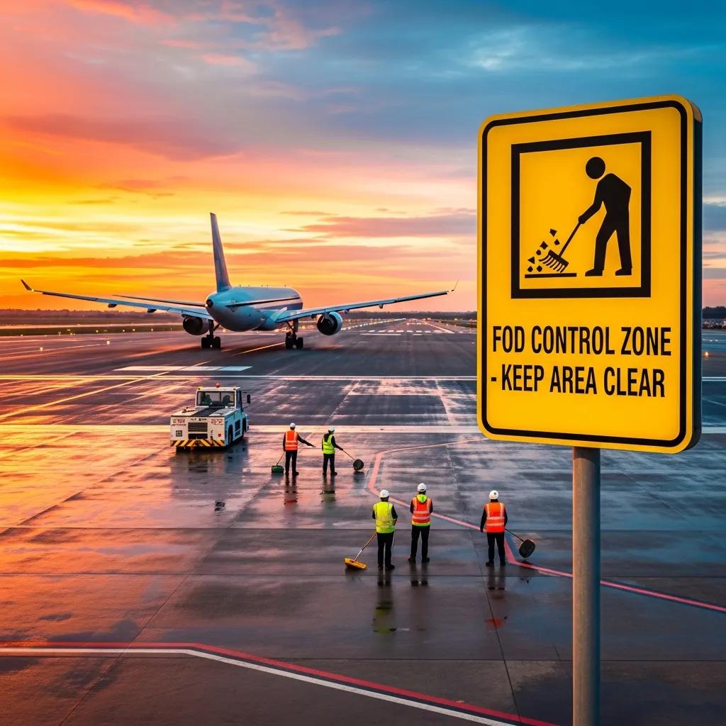 FOD control zone sign emphasizing safety measures, airport workers cleaning debris on runway, aircraft in background, sunset sky.