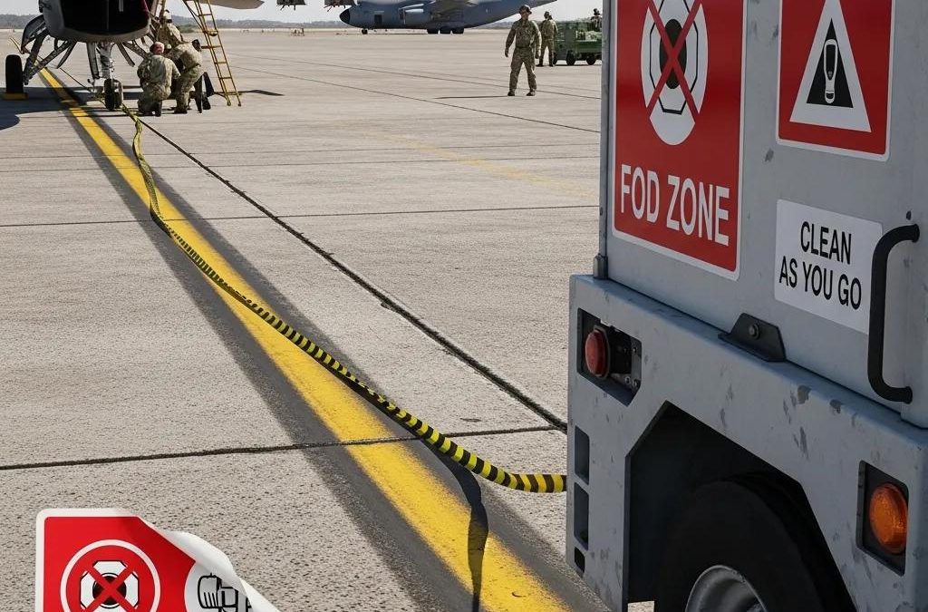 FOD zone signage on a collection can at an airport, emphasizing Foreign Object Debris (FOD) prevention with a clean-as-you-go message, surrounded by military personnel and aircraft.
