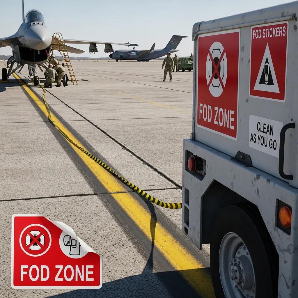 FOD Zone signage and FOD stickers on a maintenance vehicle in an airport setting, emphasizing Foreign Object Debris prevention for aircraft safety.