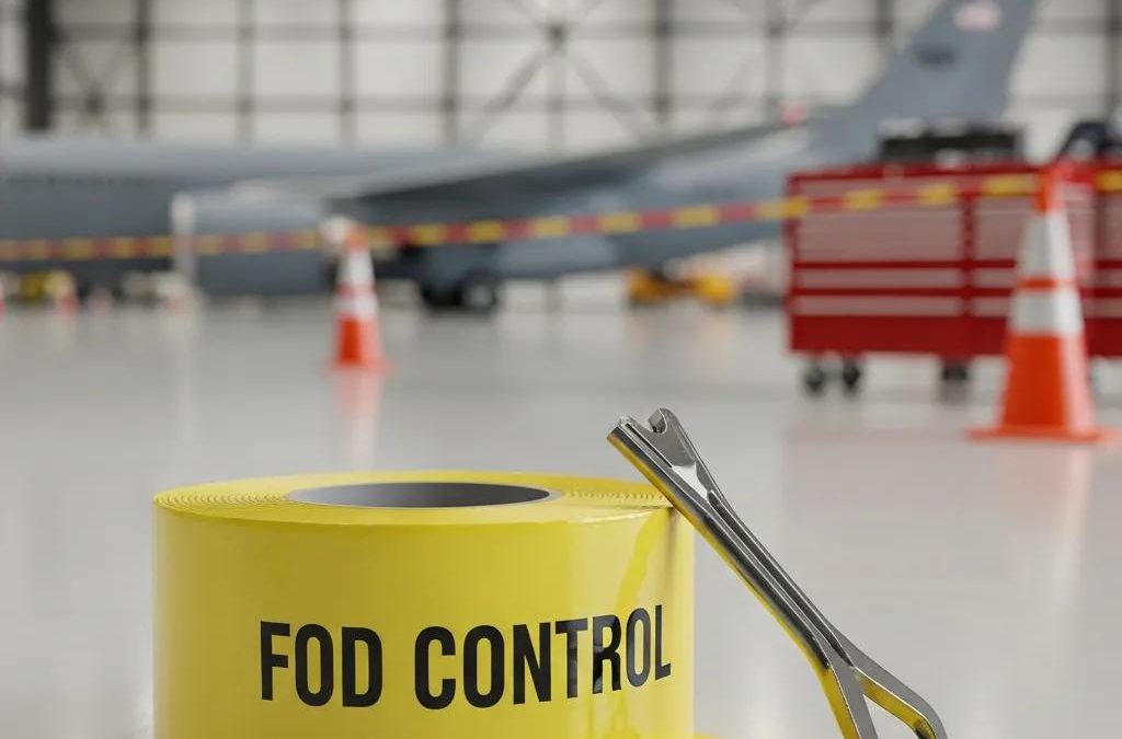 Yellow FOD Control tape roll in an aerospace hangar, emphasizing its importance for preventing Foreign Object Debris (FOD) during aircraft maintenance and safety operations.
