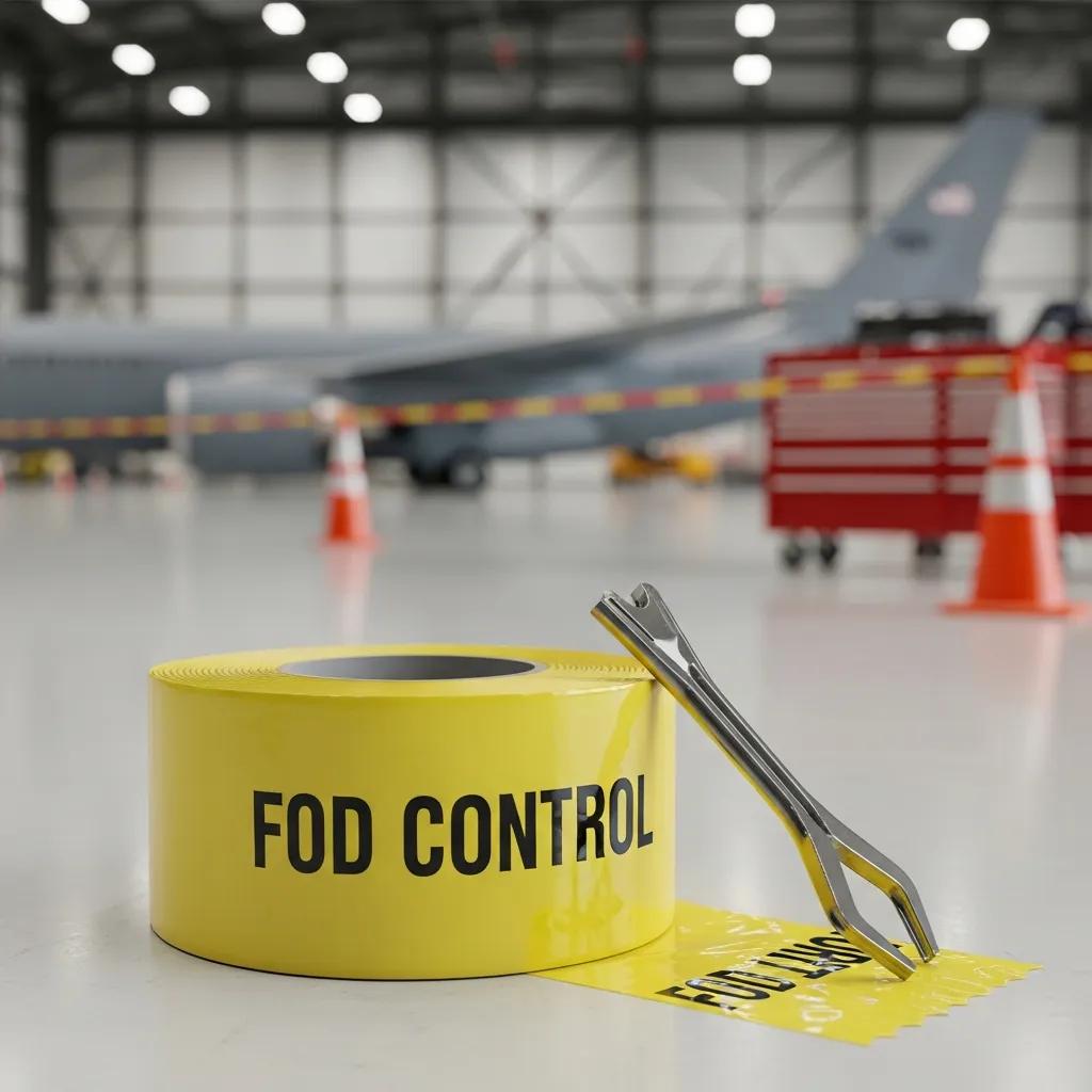 Reliable FOD control tape roll in aerospace hangar, emphasizing safety and compliance, with visible text "FOD CONTROL" and adjacent tools.
