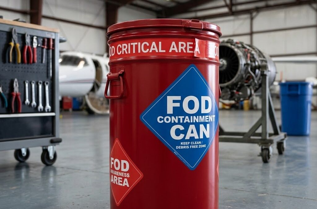 Red FOD containment can labeled "FOD CRITICAL AREA" and "FOD AWARENESS AREA" in an aviation maintenance environment, promoting safety and debris management.