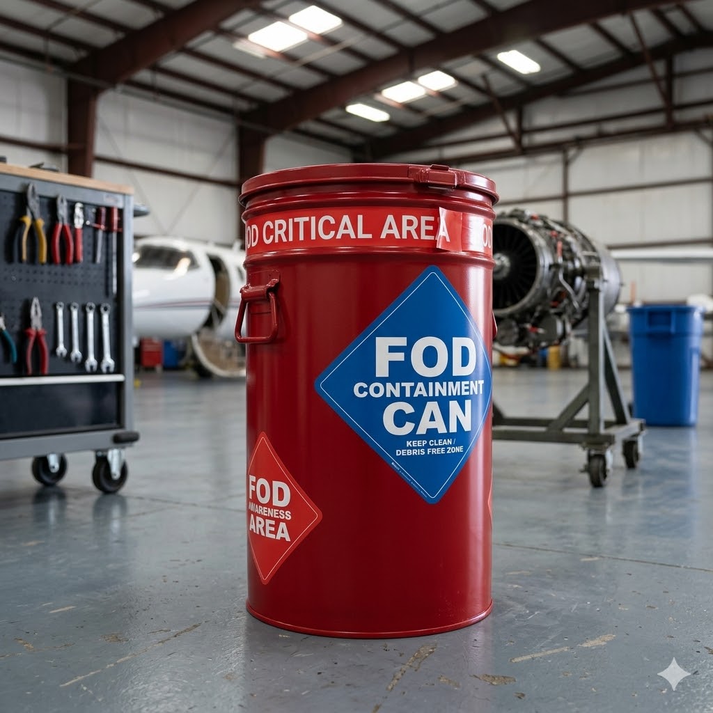 Red FOD containment can labeled "FOD Critical Area" and "FOD Awareness Area," positioned in an aviation hangar with tools and aircraft in the background, emphasizing foreign object debris management.
