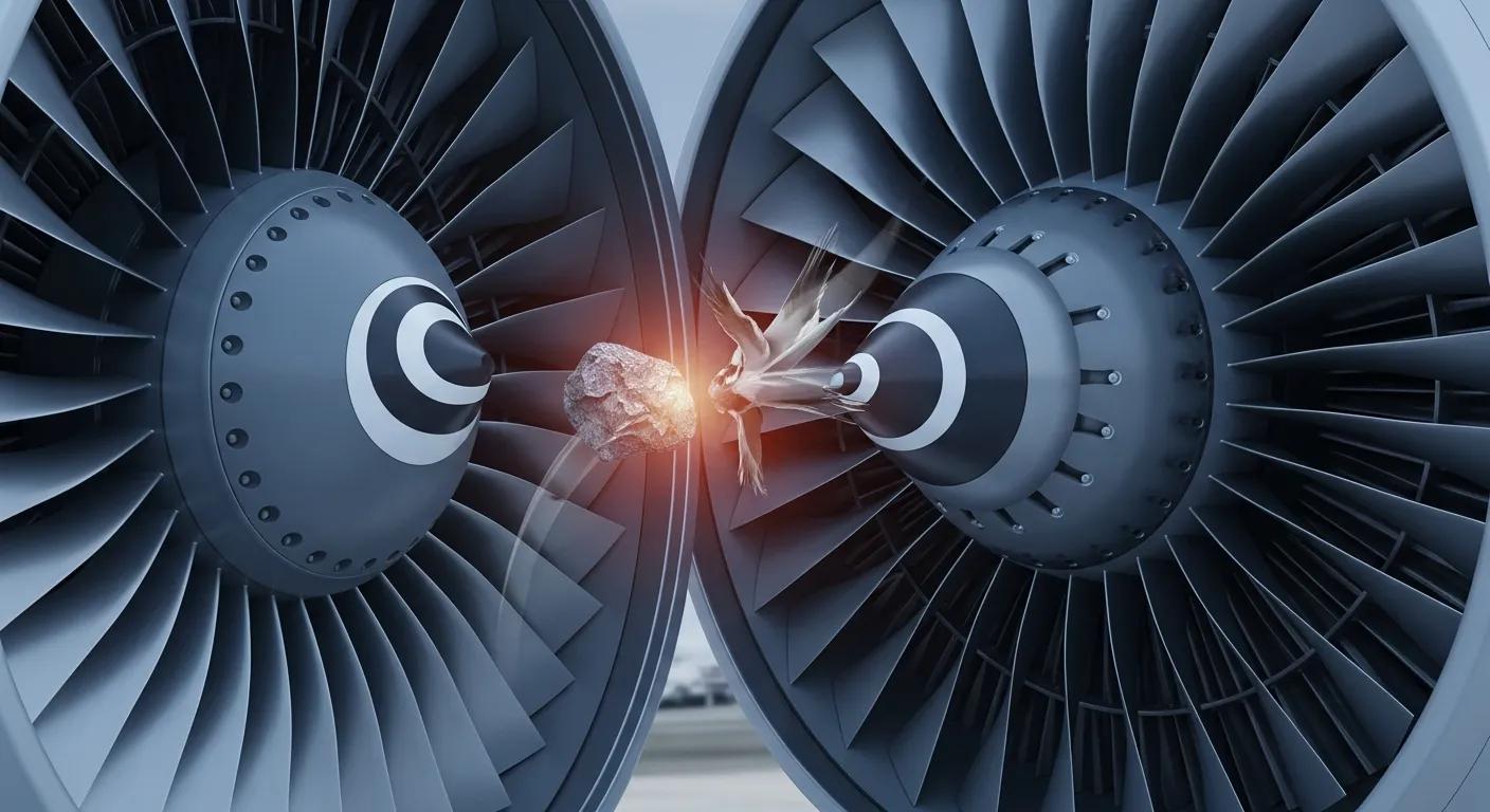 Rock and bird striking aircraft jet engines, illustrating Foreign Object Debris (FOD) risks to aviation safety.