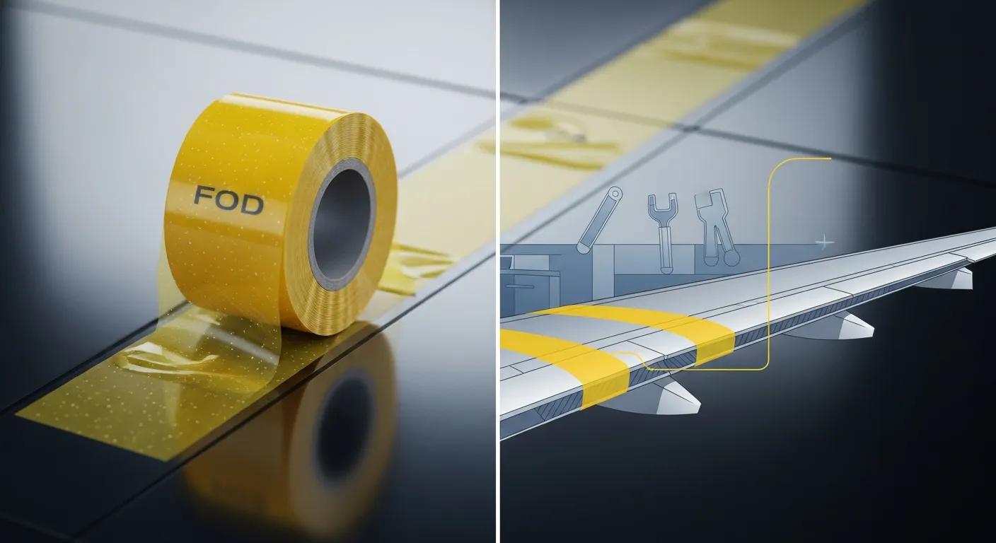 FOD tape roll on a glossy surface, illustrating its application in aviation safety to prevent foreign object debris damage on aircraft components.