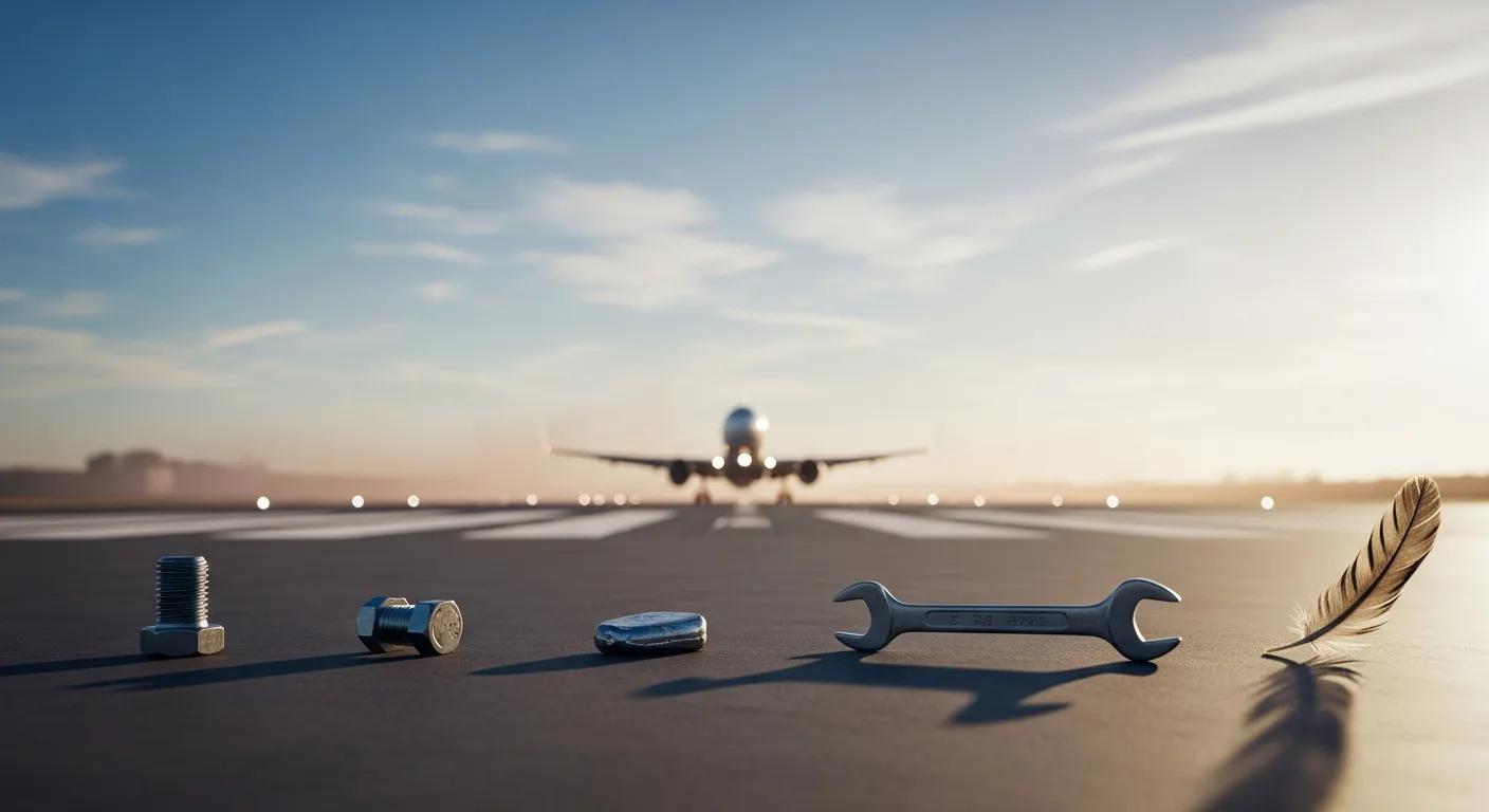 Foreign Object Debris (FOD) on airport runway including a bolt, nut, wrench, and feather with aircraft in the background.