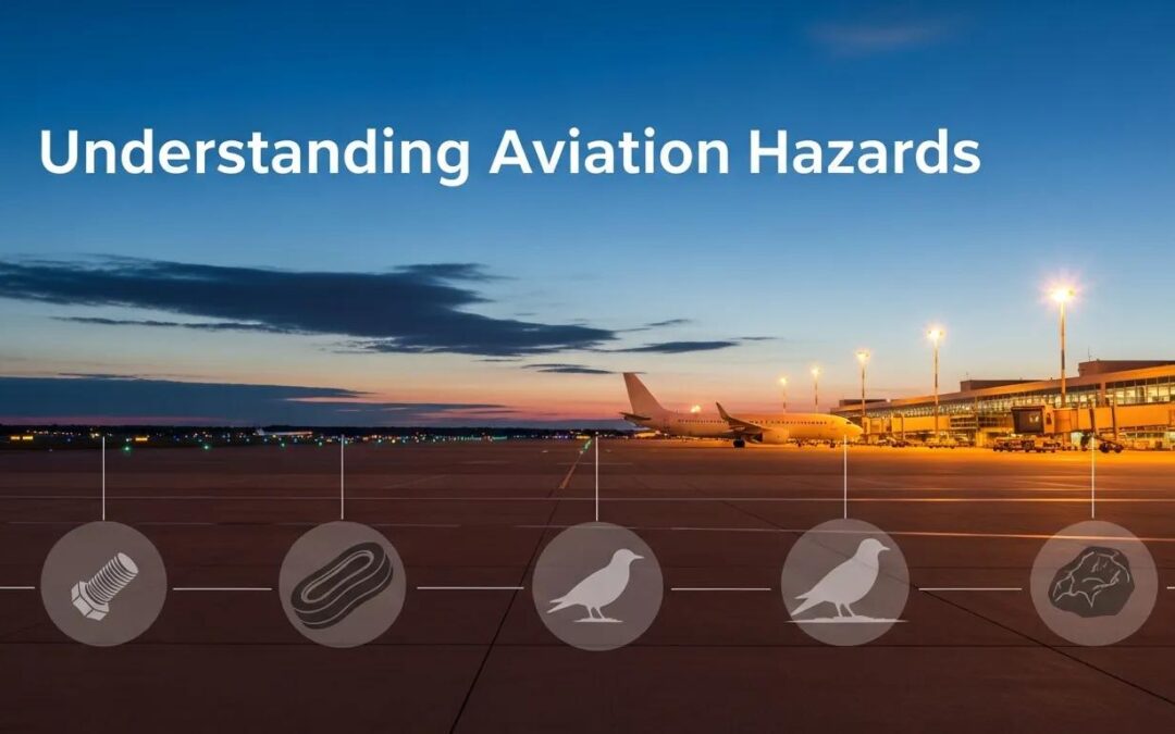 Understanding aviation hazards with images of Foreign Object Debris (FOD) types, including a bolt, a piece of food, birds, and rocks, set against an airport backdrop at dusk.