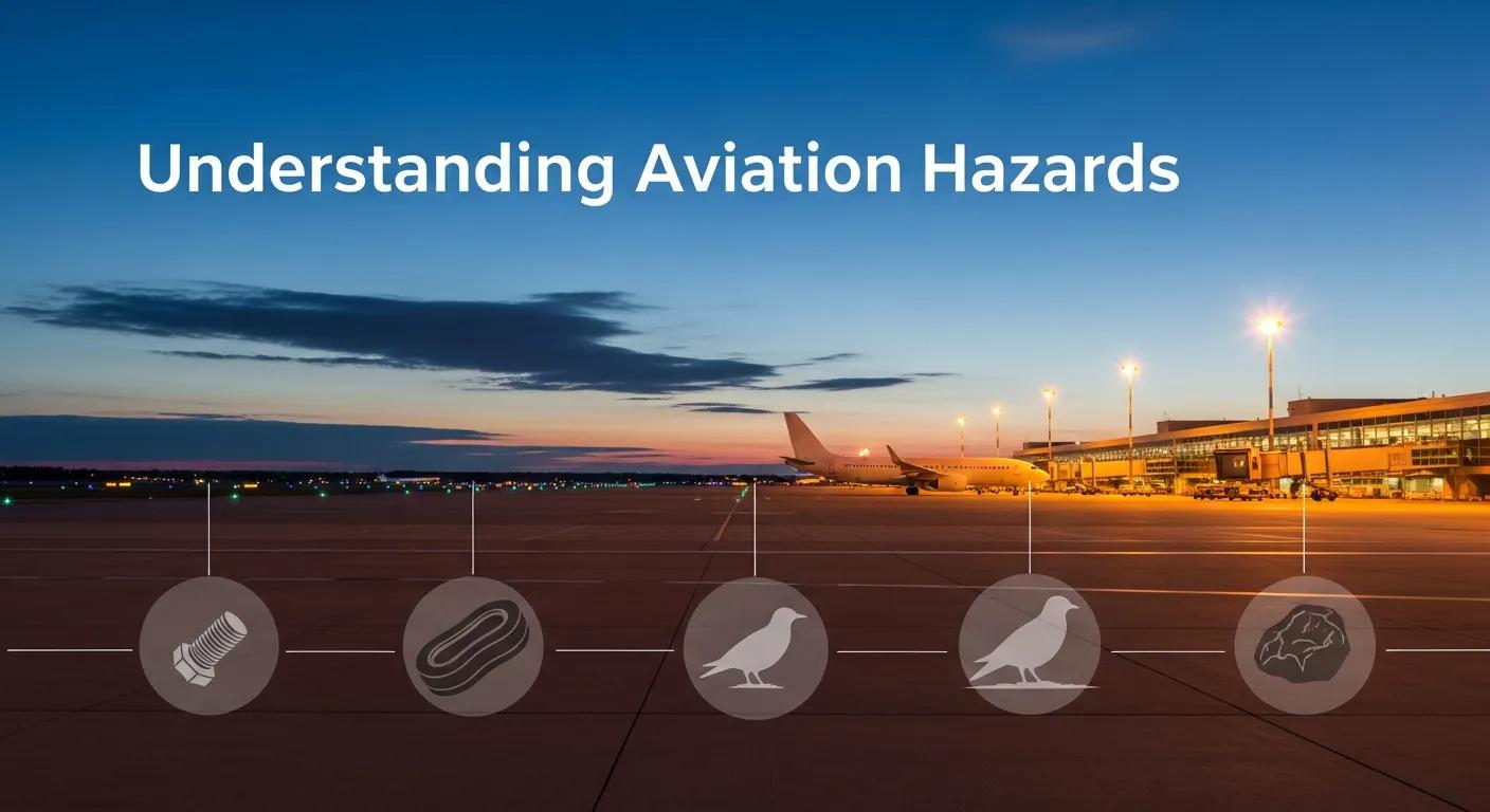 Understanding aviation hazards graphic featuring an airport at dusk, with icons representing common FOD types: a bolt, a piece of luggage, birds, and debris, emphasizing the significance of recognizing FOD hazards in aviation safety.