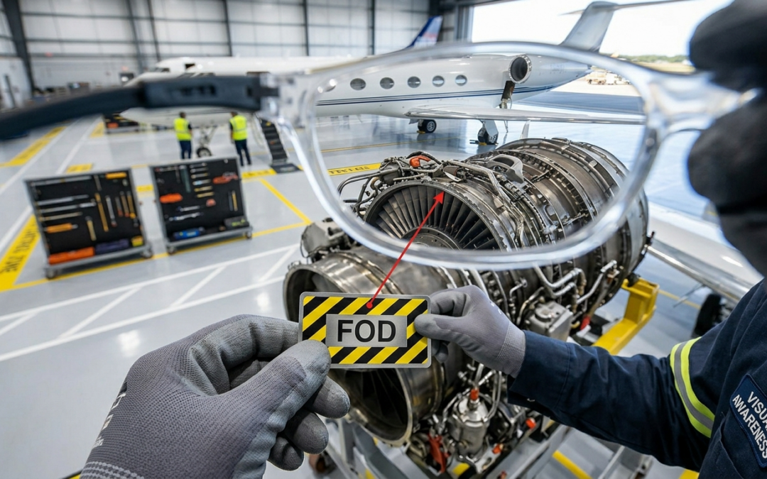 Person wearing safety glasses inspecting a jet engine, holding a "FOD" warning sign, emphasizing Foreign Object Debris (FOD) awareness in aviation maintenance.