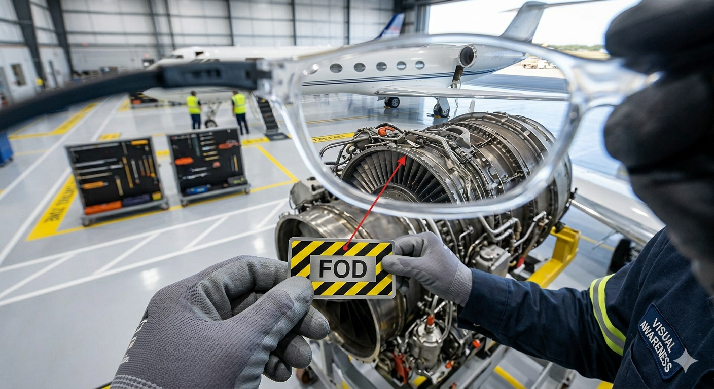 Person wearing safety glasses inspecting an aircraft engine, holding a "FOD" warning sign, emphasizing visual awareness in Foreign Object Debris prevention within aviation maintenance.