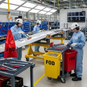 Aerospace workers managing foreign object debris in a clean environment