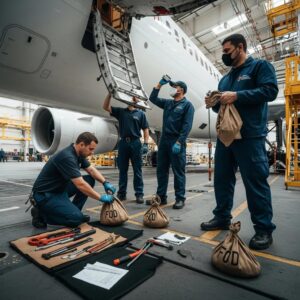 Aircraft maintenance crew inspecting for foreign object debris in a safe aviation environment