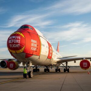Aircraft on runway with FOD covers, emphasizing aviation safety and foreign object debris prevention