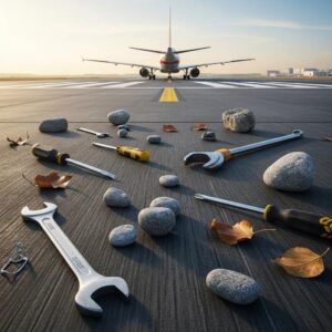 Airport runway with foreign object debris highlighting aviation safety concerns