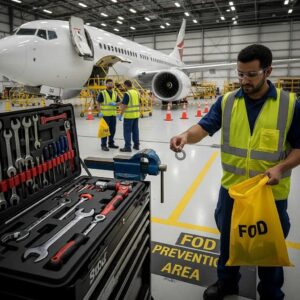 Aviation maintenance environment emphasizing FOD prevention with organized tools and personnel