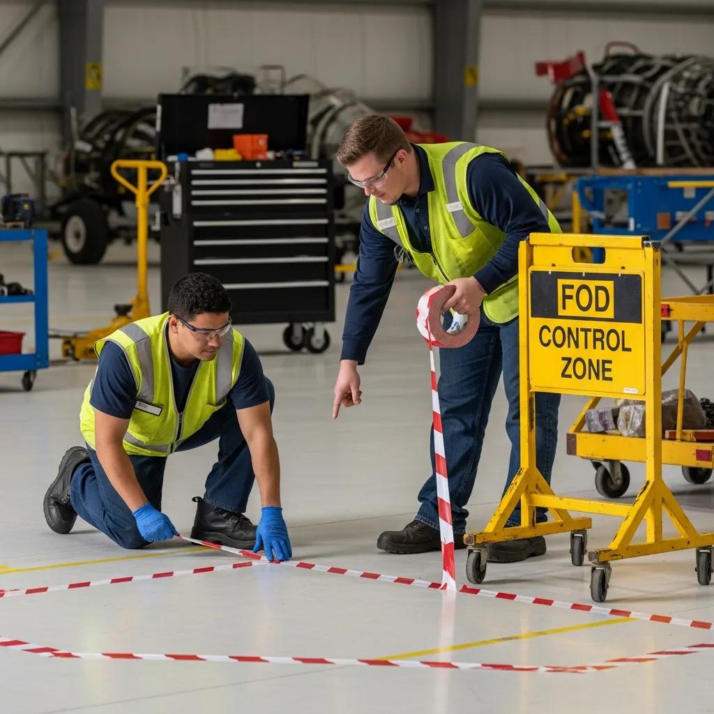 Aviation personnel applying FOD tape and signage, illustrating effective prevention strategies in aviation