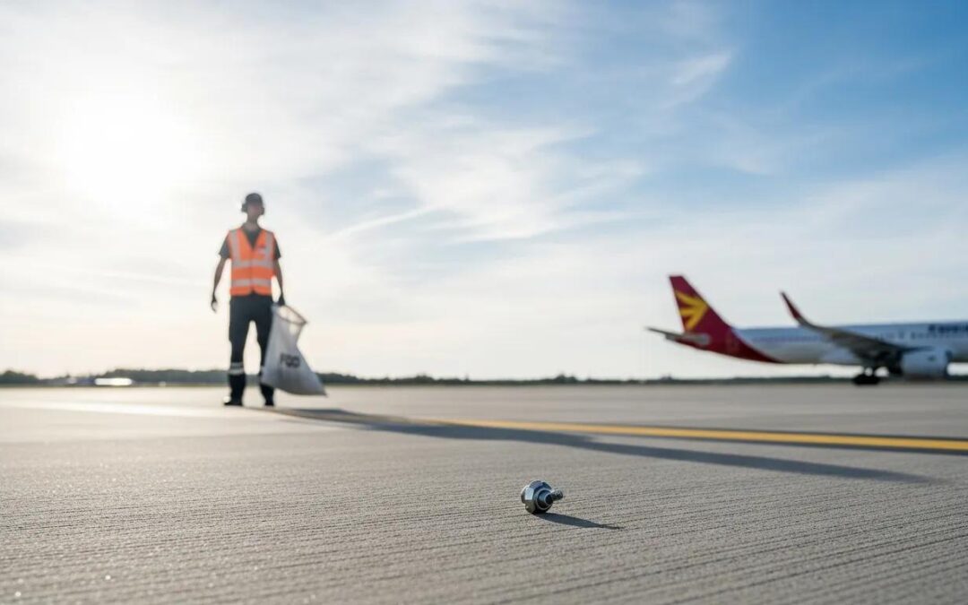 Ground crew member in safety vest collecting foreign object debris on tarmac, with aircraft in background, emphasizing FOD awareness and safety in aviation operations.