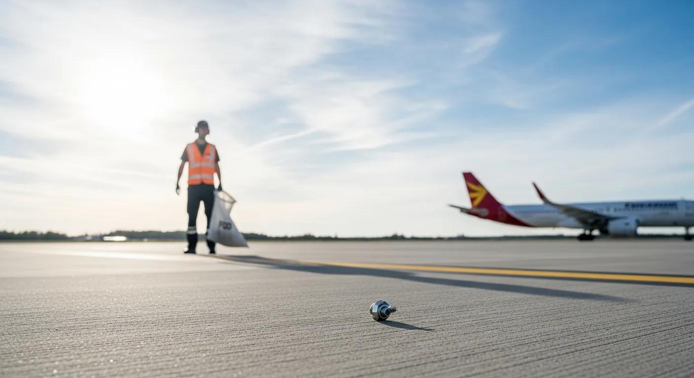Airport ramp worker in safety vest collecting foreign object debris (FOD) on tarmac, with a bolt on the runway and aircraft in the background, emphasizing FOD awareness and safety in aviation operations.