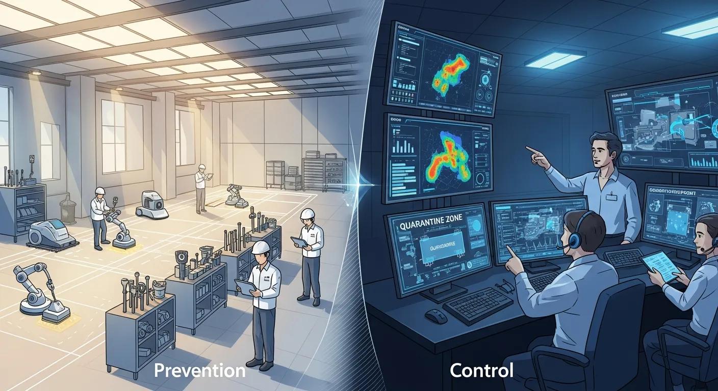 Illustration contrasting FOD prevention and control, featuring a bright workshop with automated equipment on the left and a high-tech control room with monitors displaying data and a team discussing strategies on the right.
