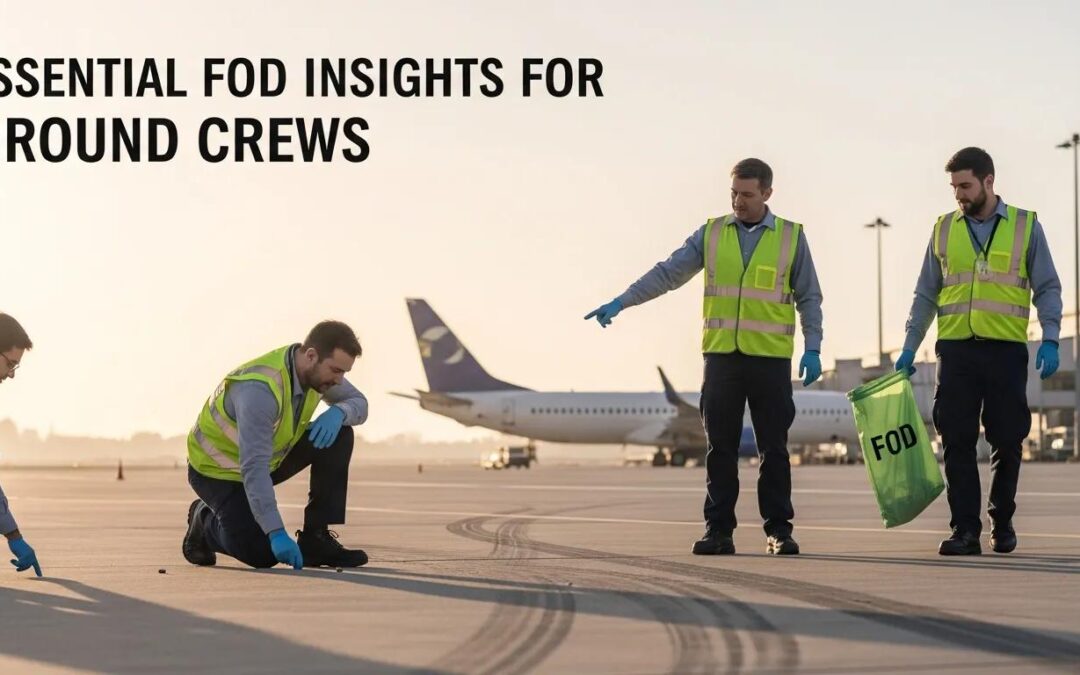 Ground crew members in high-visibility vests inspecting the runway for Foreign Object Debris (FOD) while discussing safety measures, with an aircraft in the background.