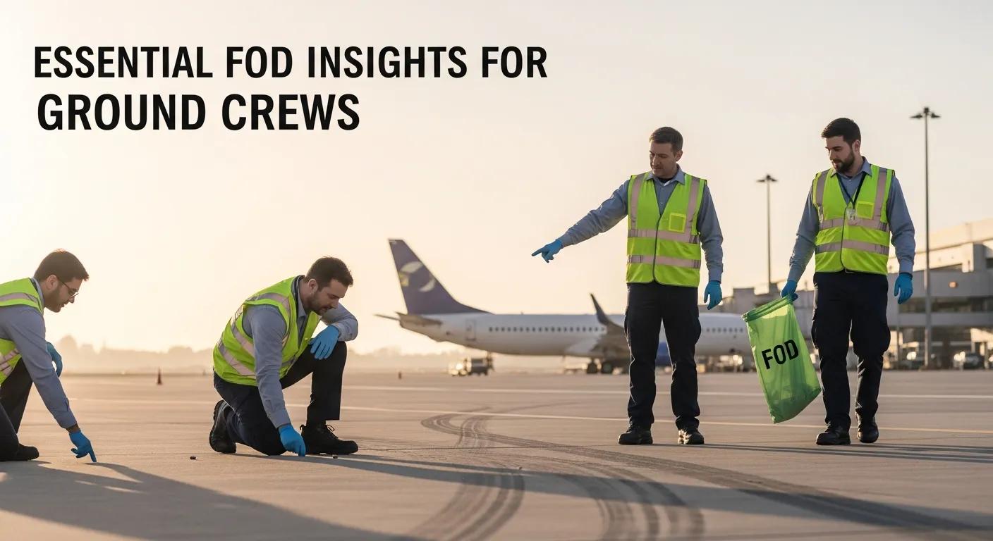 Ground crew members inspecting the runway for foreign object debris (FOD) and discussing safety measures, with a FOD collection bag visible, highlighting essential FOD management practices in aviation.