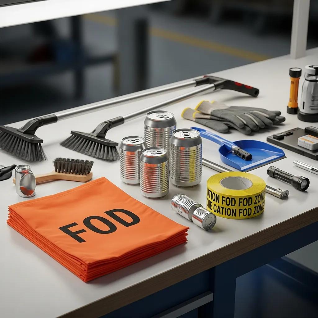 Essential tools for effective Foreign Object Debris walks displayed on a workbench