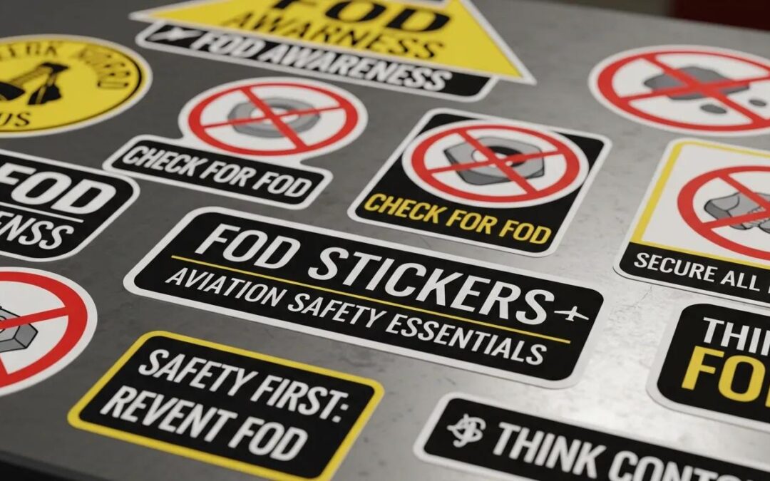 FOD stickers highlighting aviation safety essentials, including messages like "Check for FOD," "Safety First: Prevent FOD," and "Secure All Items," on a textured surface.