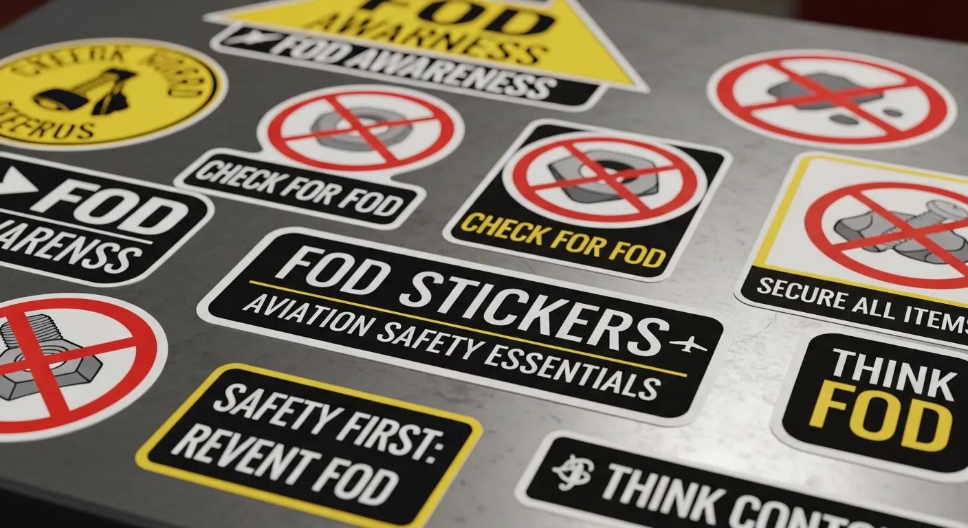 FOD stickers and safety signs emphasizing FOD awareness, prevention, and aviation safety essentials.