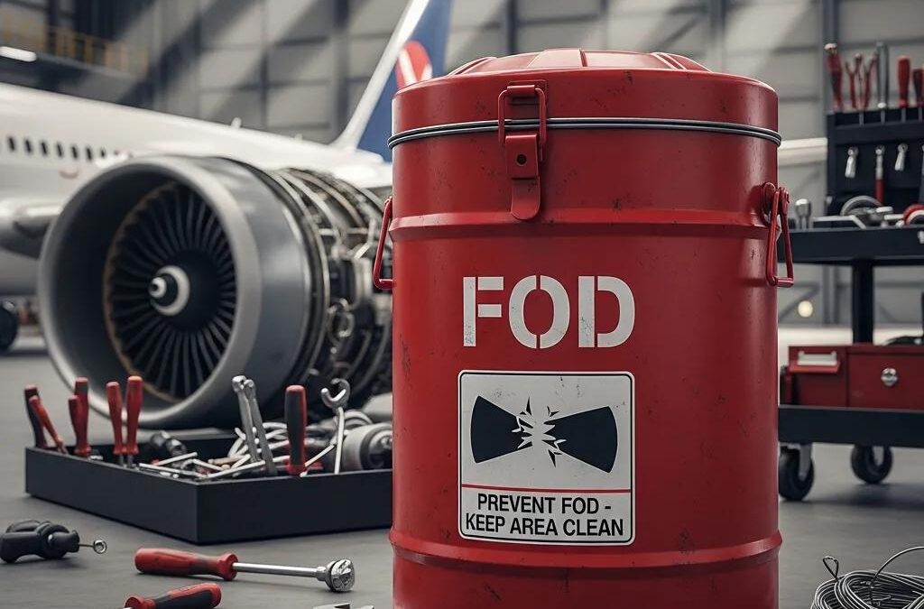 Red FOD can in aviation maintenance setting, labeled "FOD" with a warning to "Prevent FOD - Keep Area Clean," surrounded by tools and an aircraft engine, emphasizing its role in Foreign Object Debris containment.