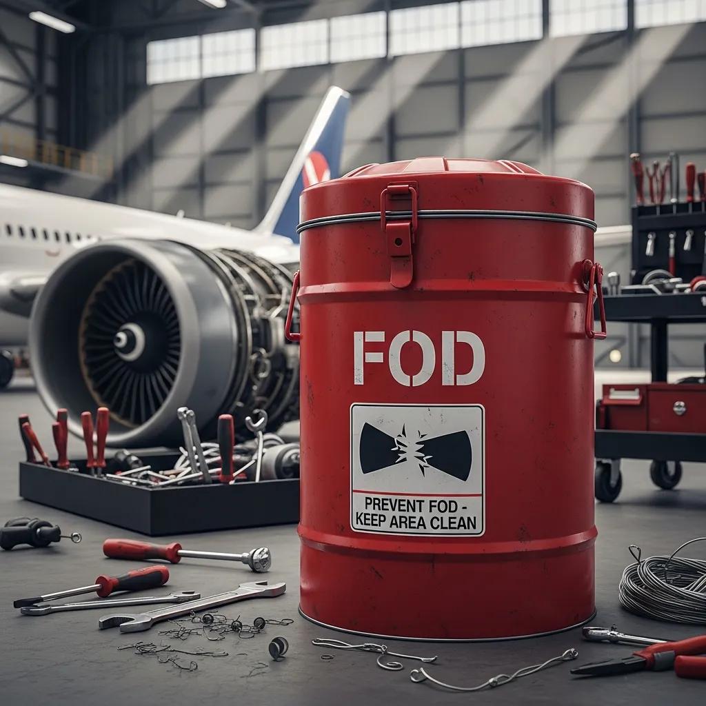 FOD can in aviation maintenance setting, red container labeled "FOD" with warning sign, surrounded by tools and an aircraft engine in the background, emphasizing debris containment for safety.
