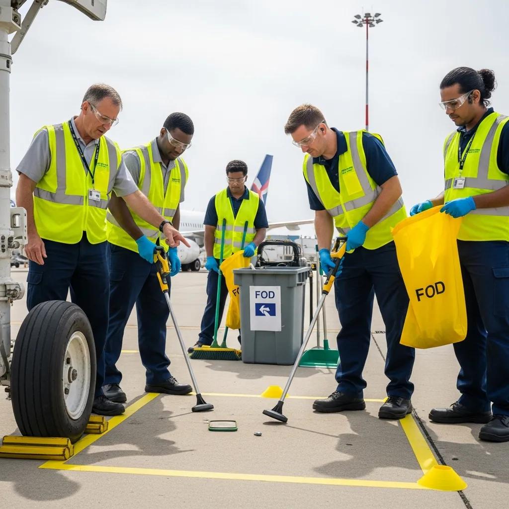 Ground crew members participating in a training session on foreign object debris prevention techniques