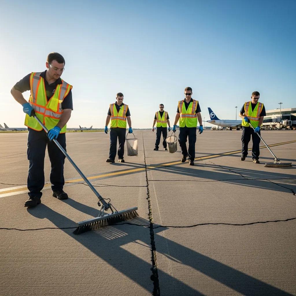Ground crew performing FOD walkdown on airport runway to ensure safety