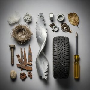 Illustration of different types of foreign object debris including metal fragments, organic materials, and runway debris