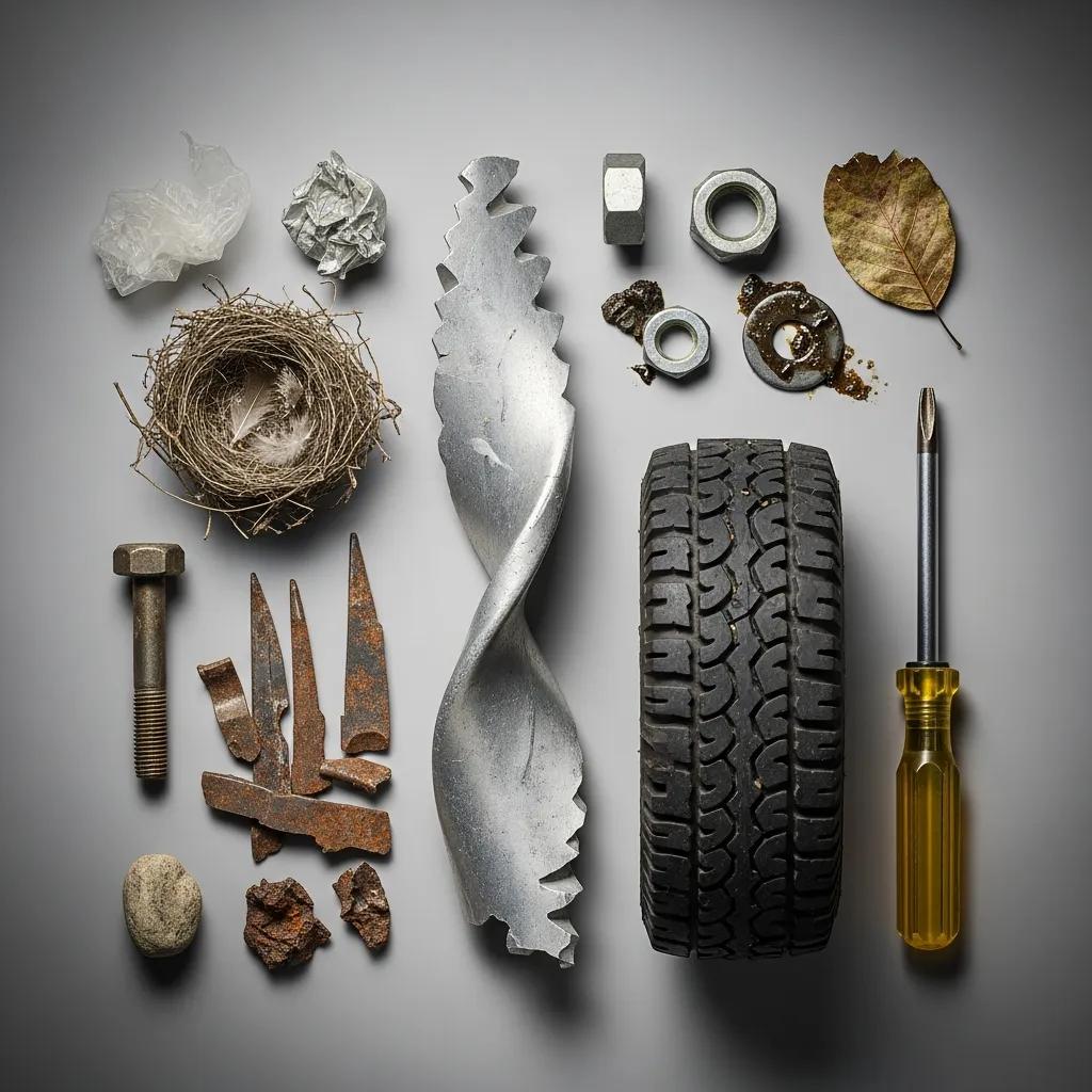 Illustration of different types of foreign object debris including metal fragments, organic materials, and runway debris