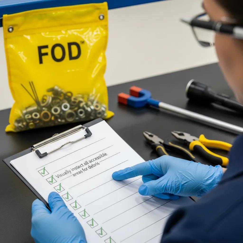 Inspector using a checklist during a Foreign Object Debris inspection