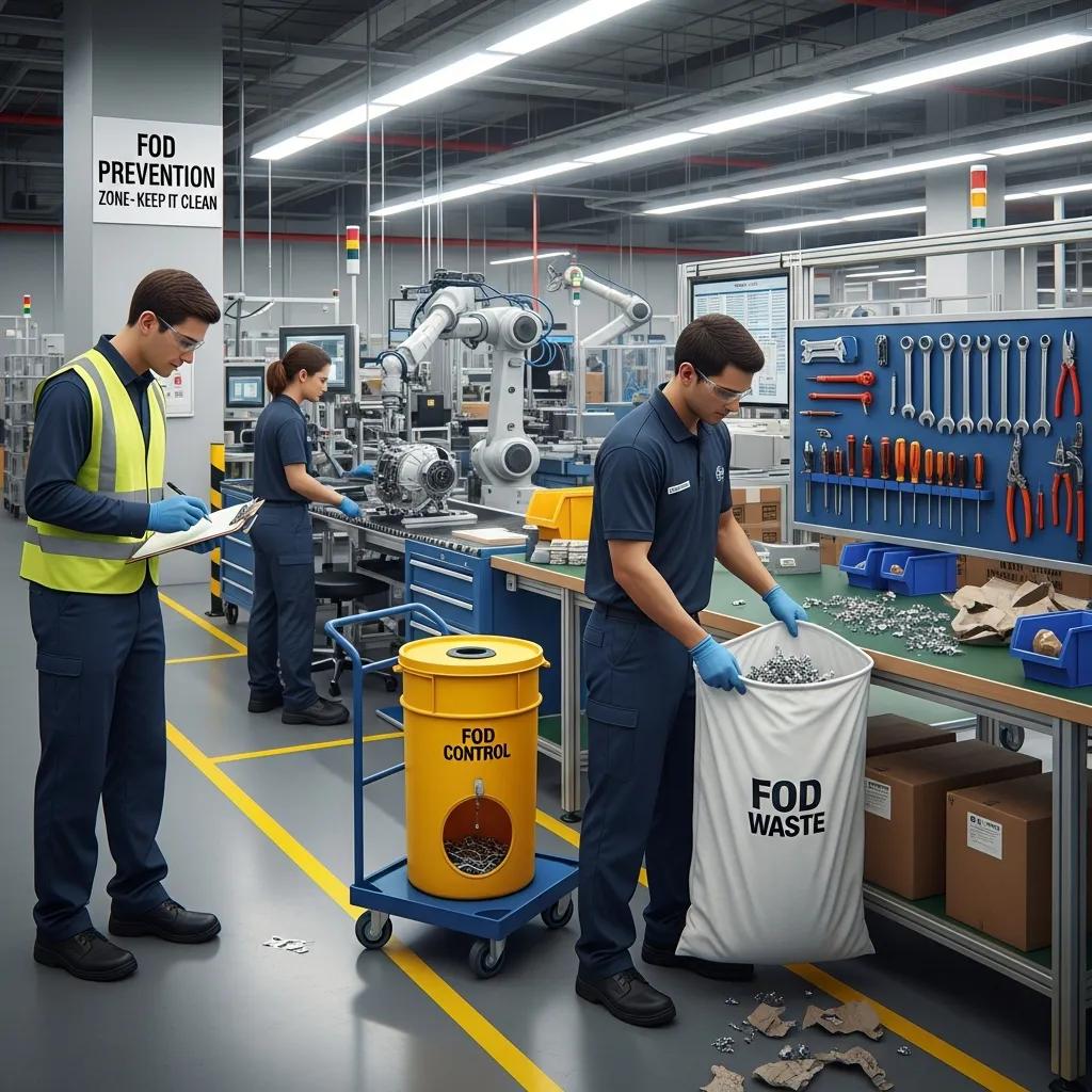 Personnel implementing FOD prevention methods in a manufacturing facility with control products