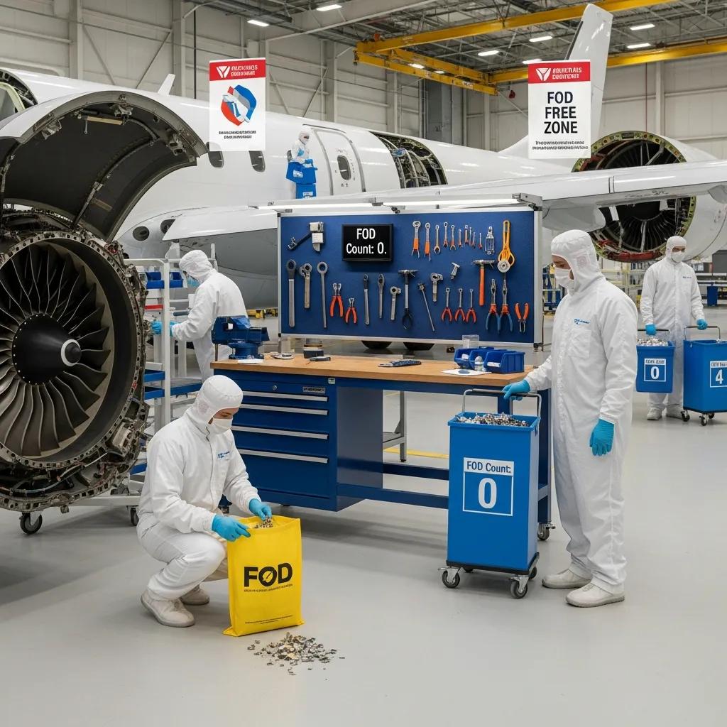 Personnel using FOD control products in a clean aerospace workspace
