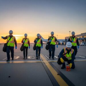 Team conducting a Foreign Object Debris walk in an aerospace environment